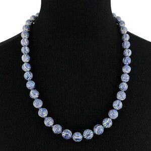 CHINESE porcelain necklace - blue & white round beads knotted shou symbol 24.5"